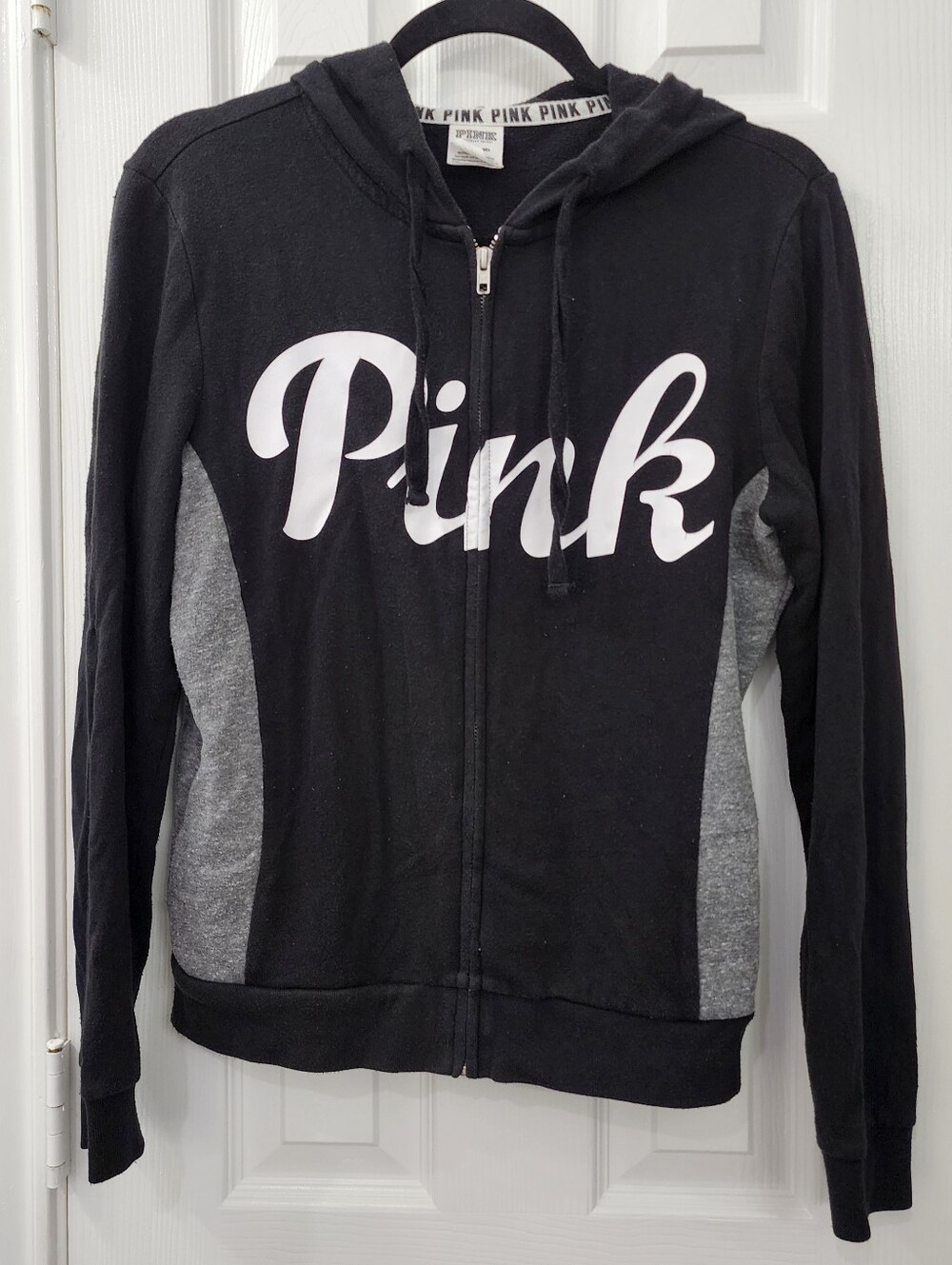 PINK Victoria's Secret Black & Gray Zip-Up Hoodie Jacket Size: Small